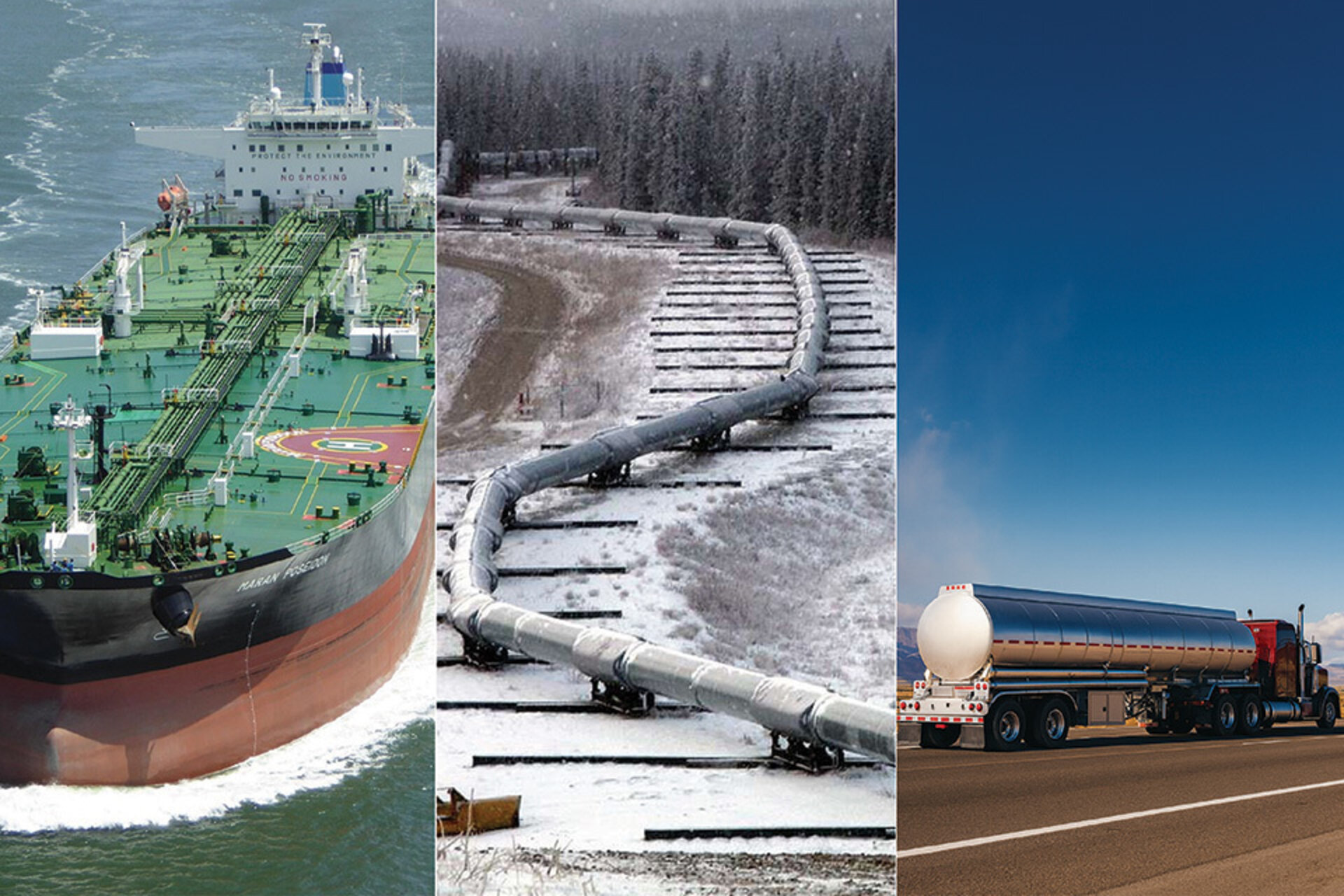 Oil tanker, pipeline, and truck