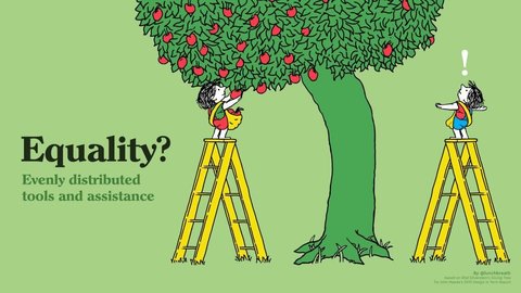 Equality? Evenly distributed tools and assistance. Two people on equal height ladders trying to pick apples from a tree that is lower on the left side.