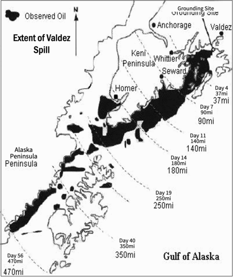 Map showing the extent of the Exxon Valdez spill in the Gulf of Alaska
