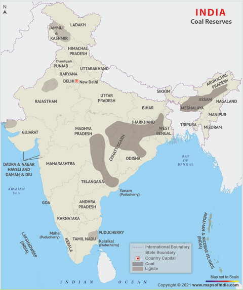 Map of India’s coal reserves. Coal is concentrated in the eastern part of the country.