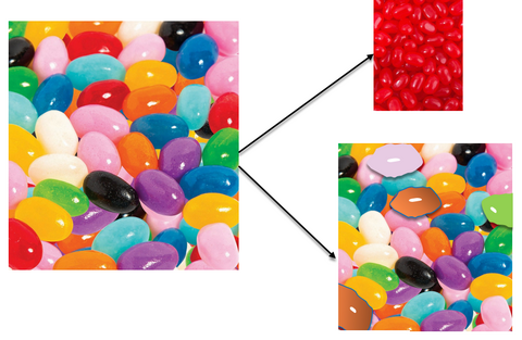 colorful jelly beans being split into two groups: red jelly beans and all the rest.