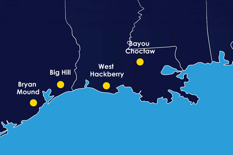 Map showing four salt cavern locations on the Gulf Coast where crude oil is stored, two in Louisiana and two in Texas.