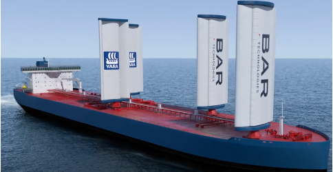 oil tanker with four rectangular sails