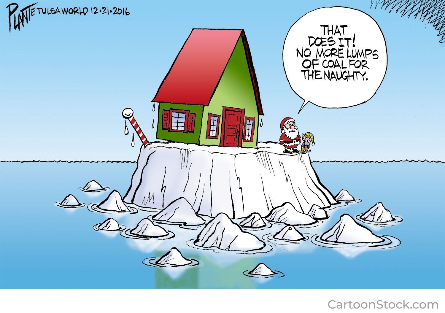 Cartoon of Santa Claus at a melting North Pole saying "No more coal for the naughty"