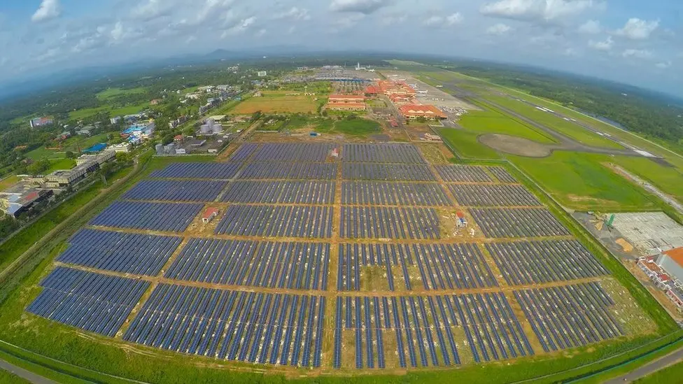 Aerial view showing over 46,000 solar panels at Cochin airport