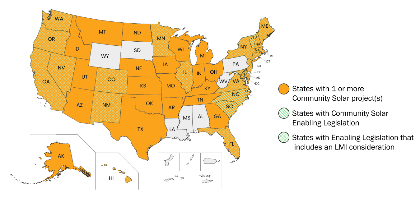 U.S. map showing states with community solar projects