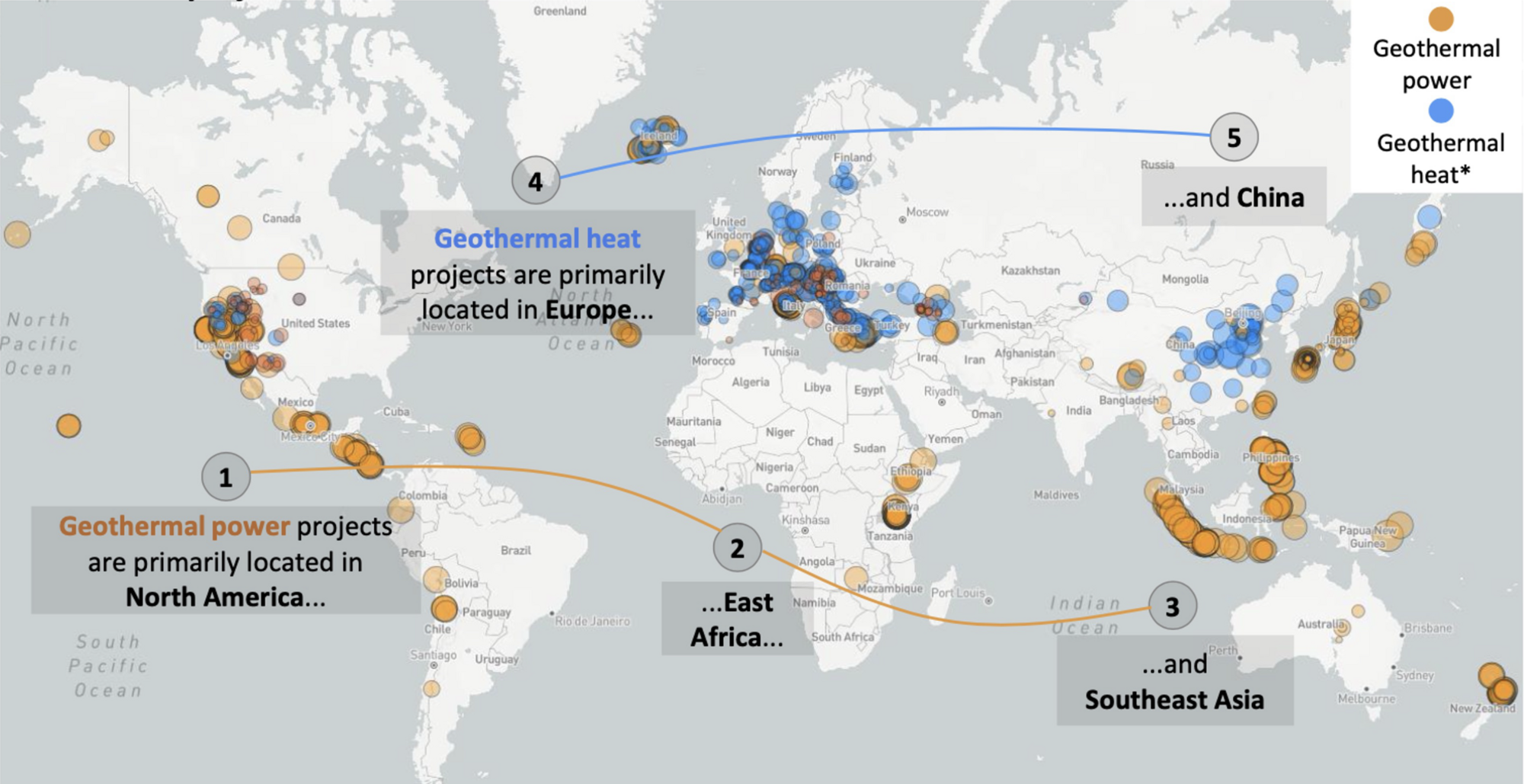 World map showing the locations of geothermal projects. Geothermal power projects are primarily located in North America, East Africa, and Southeast Asia. Geothermal heat projects are primarily located in Europe and China.