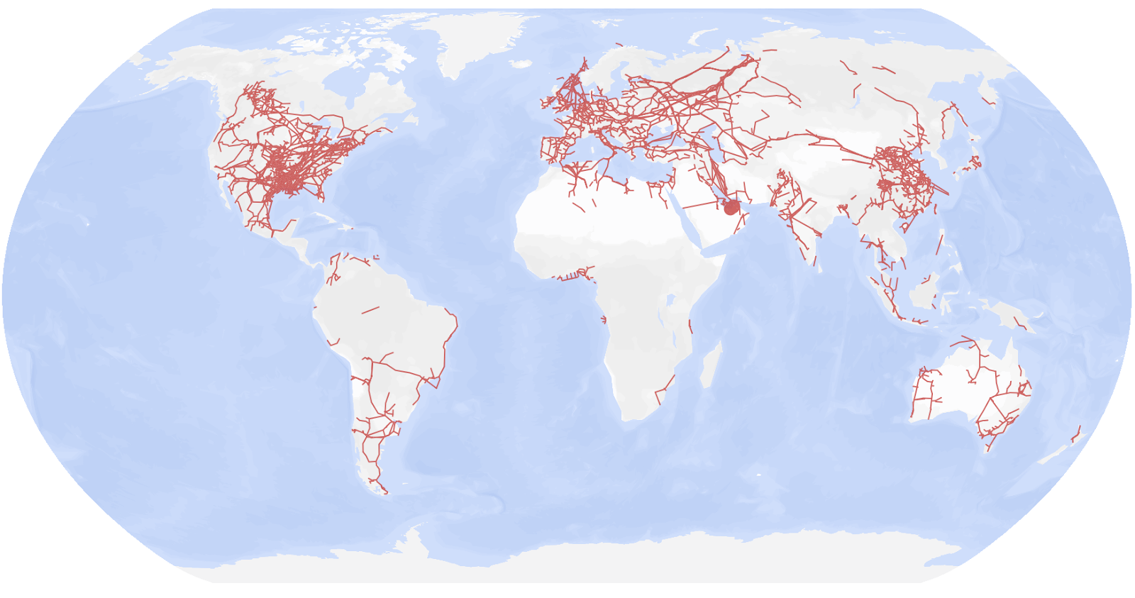 Map showing the world's natural gas pipelines which are concentrated in the US, Europe, and Asia.