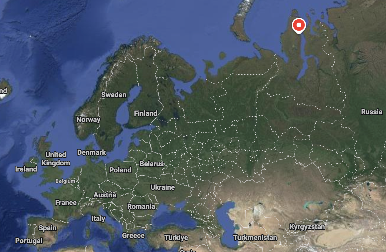 Satellite view of Europe map showing the location of Yamal LNG export terminal on the northeast coast of the Yamal Peninsula relative to France, Spain, and Belgium.