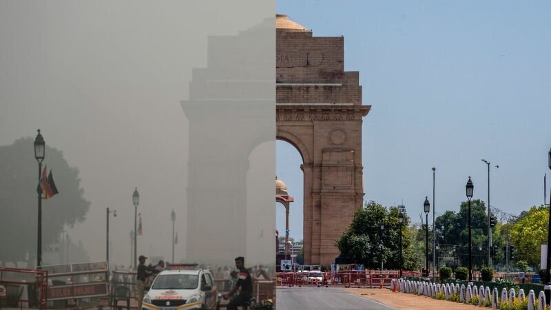 A side-by-side comparison of the same place with haze from air pollution and on a day with a clear sky