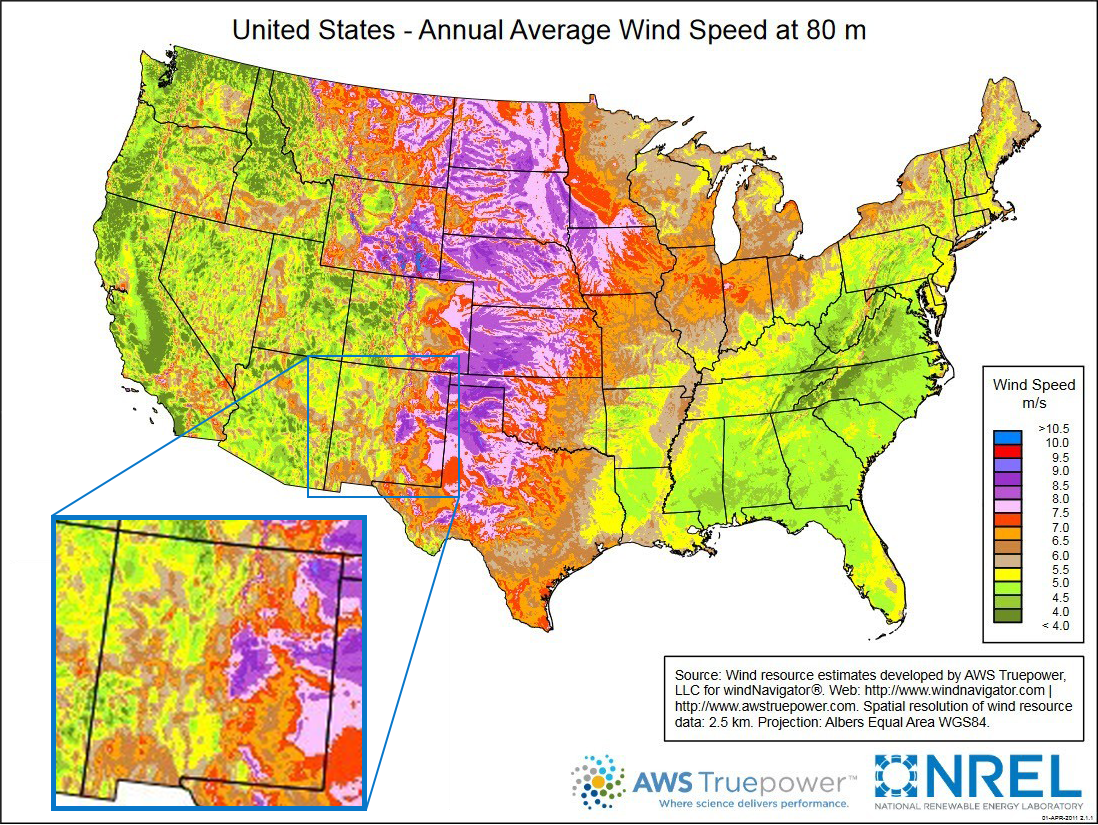 Map showing wind speeds across the United States with a pullout of New Mexico. The eastern half of New Mexico has some of the highest wind speeds in the country.