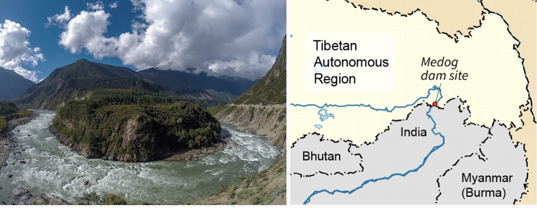 Photo of a hairpin turn in the Yarlung Tsangpo River and a map showing the Medog Dam site near the border of India and Tibet.