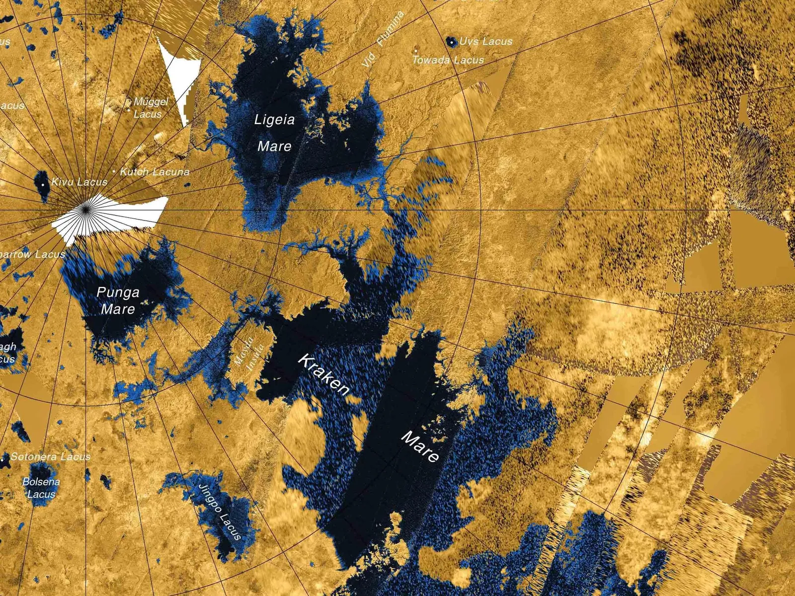 Map of Titan’s surface showing several liquid methane rivers and lakes, including Kraken Mare.